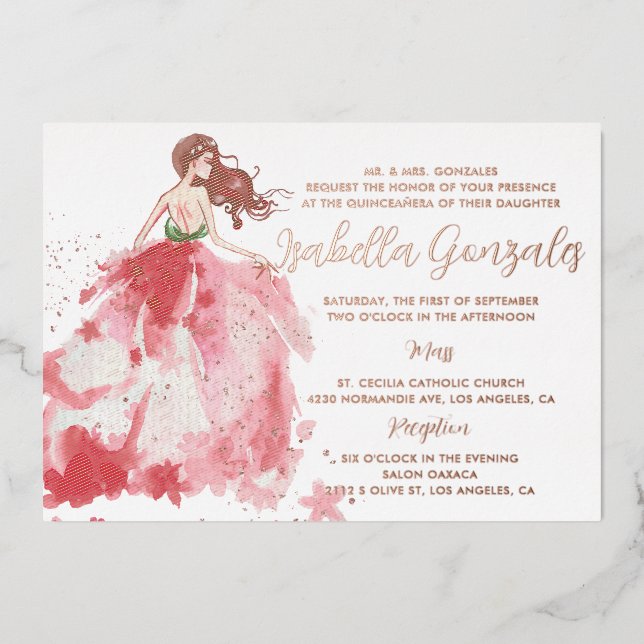 Invitación a la Quinceañera con traje de Rosa de o (Anverso)