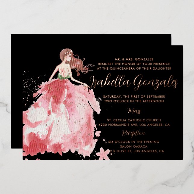 Invitación a la Quinceañera con traje de Rosa de o (Anverso/Reverso)