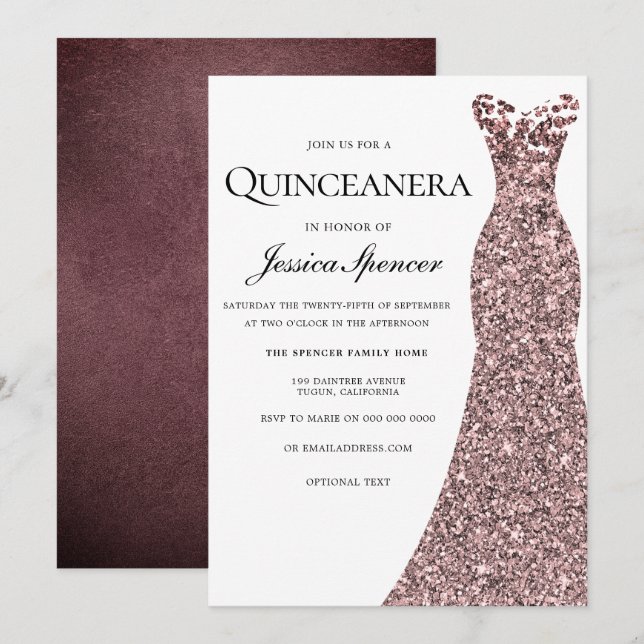 Invitación a la Quinceanera con vestido de Rosa de (Anverso / Reverso)