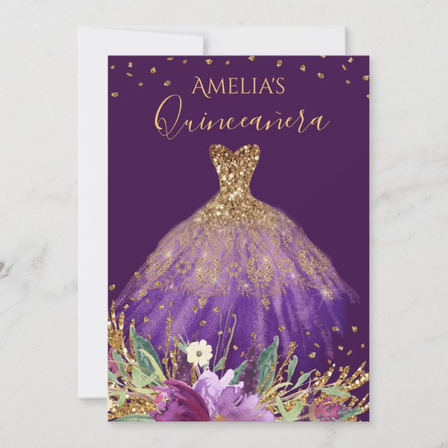 Invitación a la Quinceanera de Ametist morado de o (Anverso)