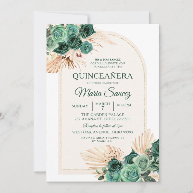 Invitación a la Quinceañera de Boho Green Floral M (Anverso)