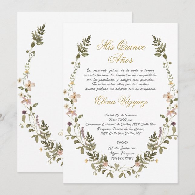 Invitación a la quinceañera de flores silvestres (Anverso / Reverso)