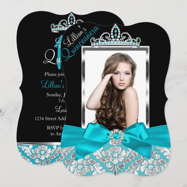Invitación a la Quinceanera de fotografías verde a (Anverso / Reverso)