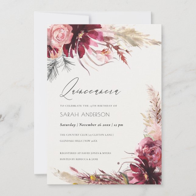 Invitación a la Quinceanera de Grass Pampas Rubor  (Anverso)