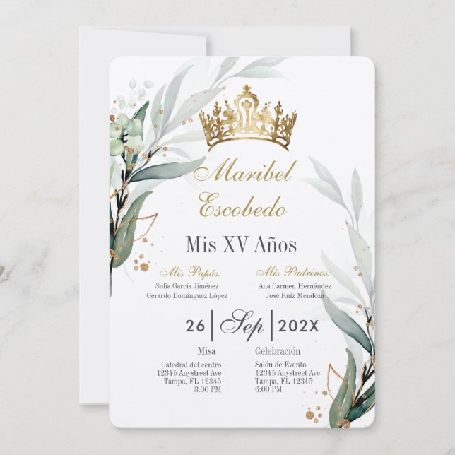 Invitación a la quinceañera de la corona de oro (Anverso)