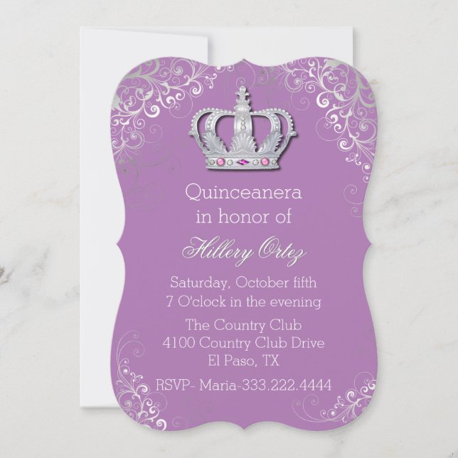 Invitación a la quinceañera de la corona Glam Fanc (Anverso)