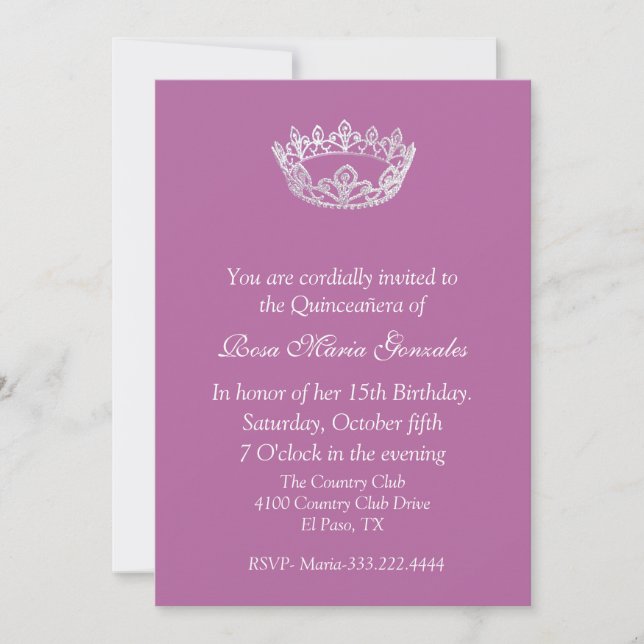 Invitación a la Quinceañera de la Corona Rosa Eleg (Anverso)