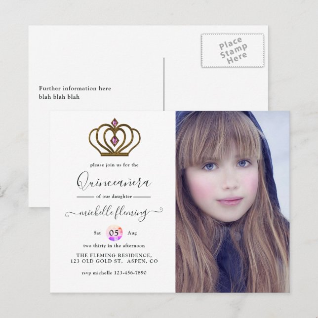 Invitación a la Quinceañera de la Elegancia de Oro (Anverso / Reverso)