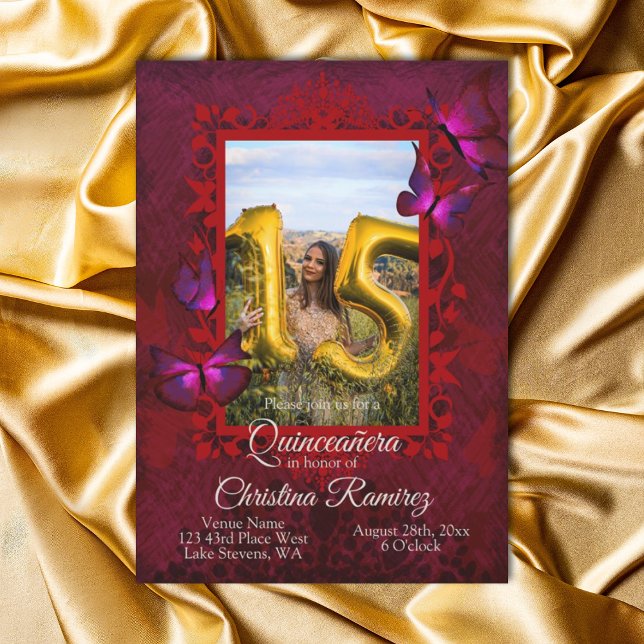 Invitación a la Quinceanera de la Mariposa Roja Fa (Red and pink quinceanera invitation templates, red mis quince english wording script writing)