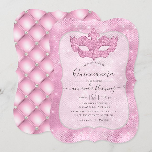 Invitación a la Quinceañera de la mascarada rosa v (Anverso / Reverso)