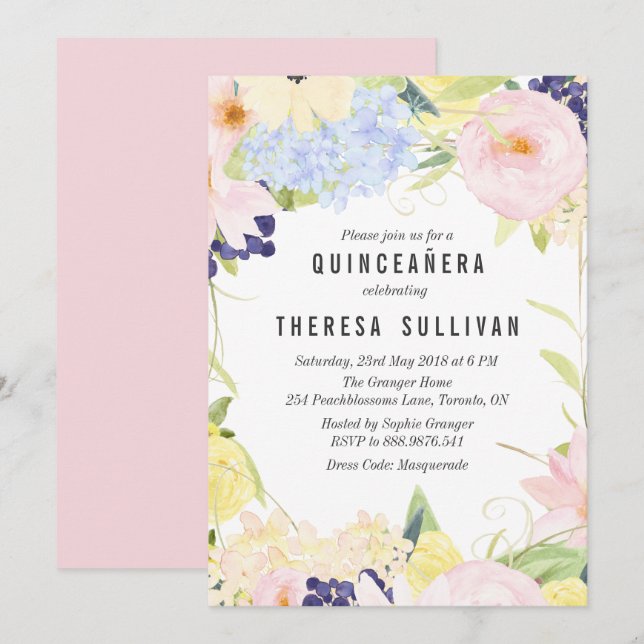 Invitación a la Quinceañera de las flores de prima (Anverso / Reverso)