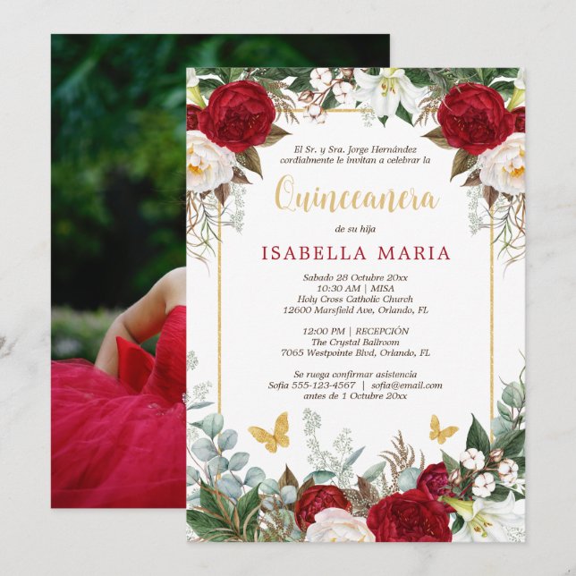 Invitación a la quinceañera de las flores rojas en (Anverso / Reverso)
