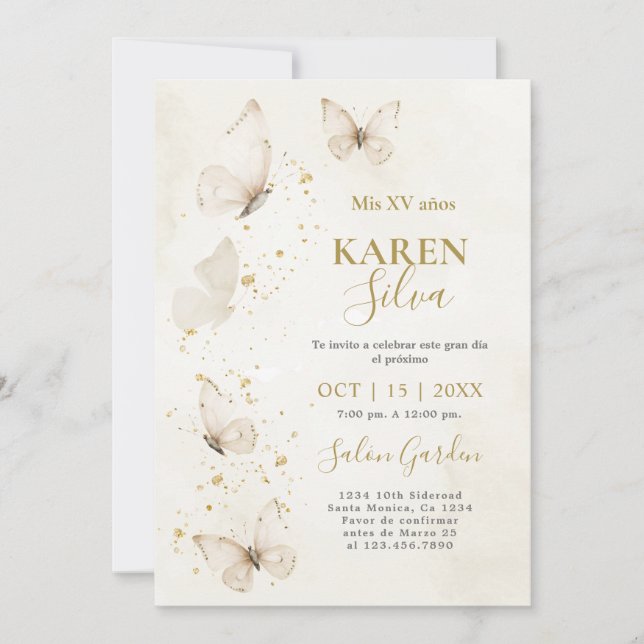 Invitación a la Quinceañera de las mariposas beige (Anverso)