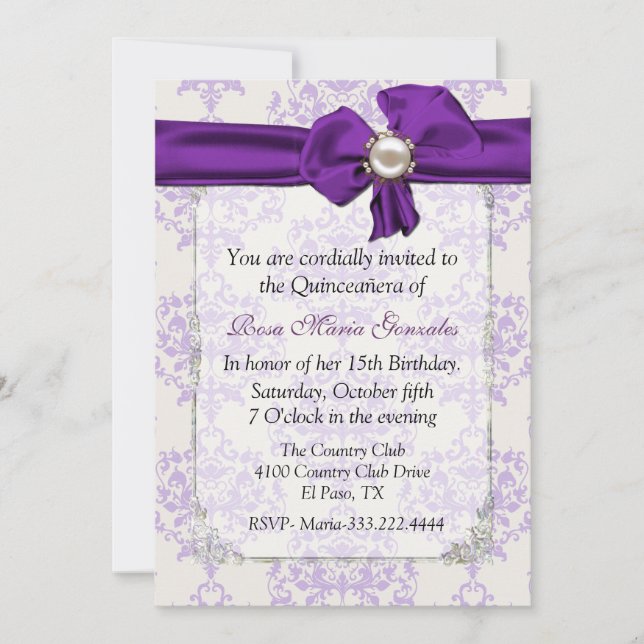 Invitación a la quinceañera de lavanda y damasco d (Anverso)