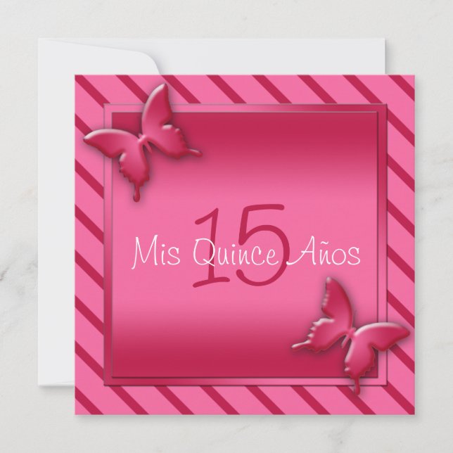 Invitación a la quinceañera de mariposa rosa y roj (Anverso)
