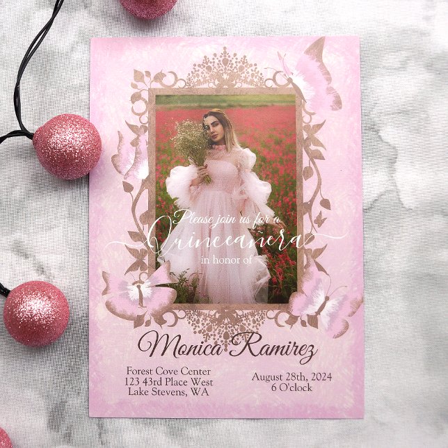 Invitación a la quinceanera de mariposa rosada, de (fancy light pink quinceanera pink and brown butterfly mis quince anos birthday invitations)