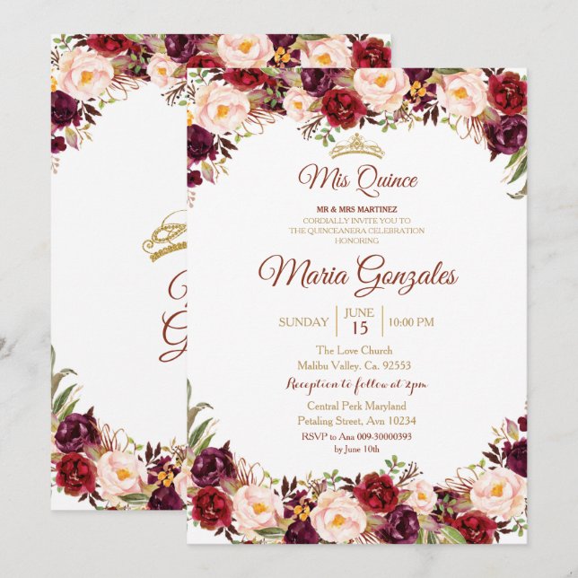 Invitación a la Quinceanera de Marsala Watercolor (Anverso / Reverso)