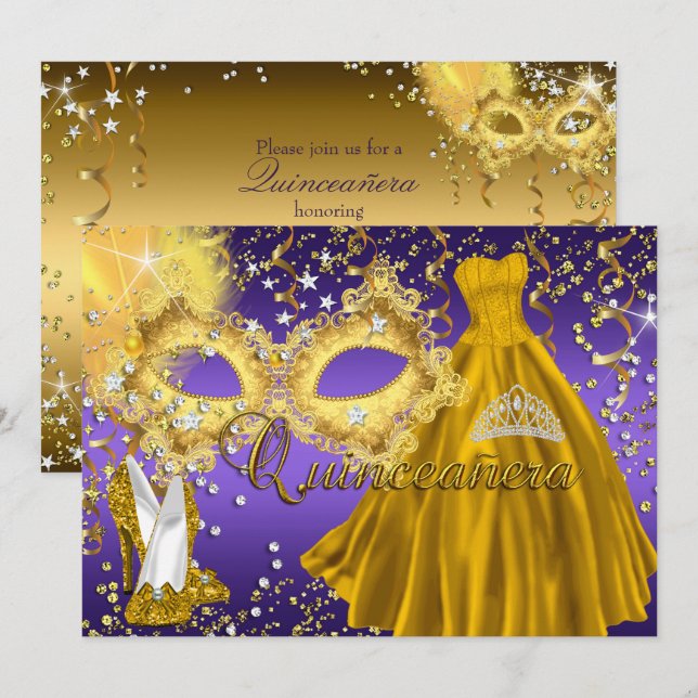 Invitación a la quinceanera de mascarada dorada pú (Anverso / Reverso)