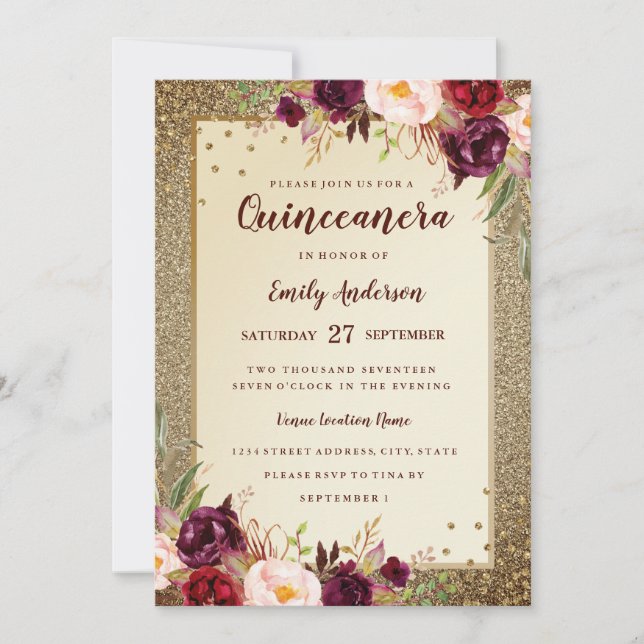 Invitación a la Quinceanera de oro con flores de B (Anverso)