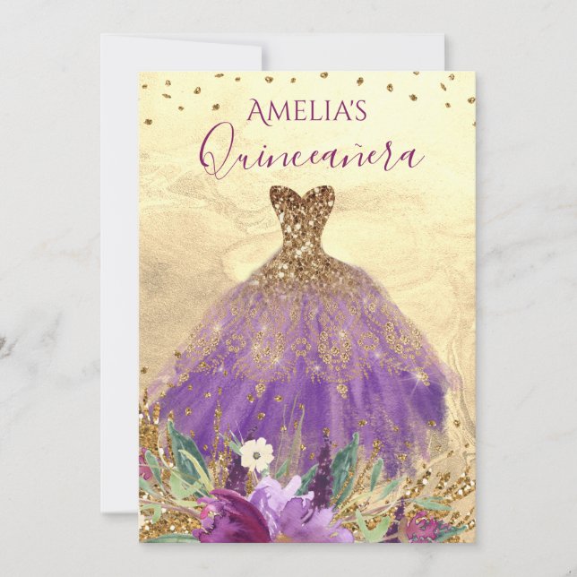 Invitación a la Quinceanera de oro con traje de Am (Anverso)