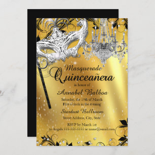 Invitación a la quinceanera de oro de la mascarada