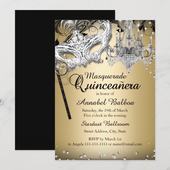 Invitación a la quinceanera de oro de la mascarada (Anverso / Reverso)