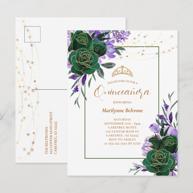 Invitación a la Quinceañera de oro morado floral (Anverso / Reverso)