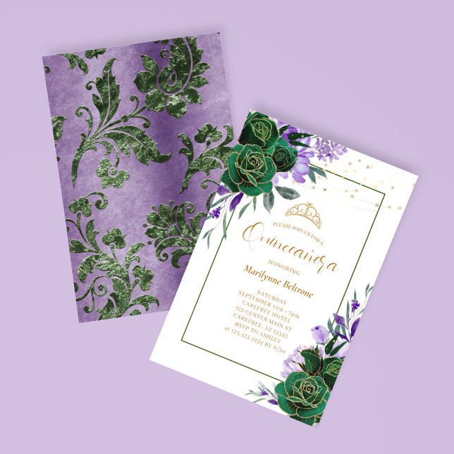Invitación a la Quinceañera de oro morado floral (Subido por el creador)