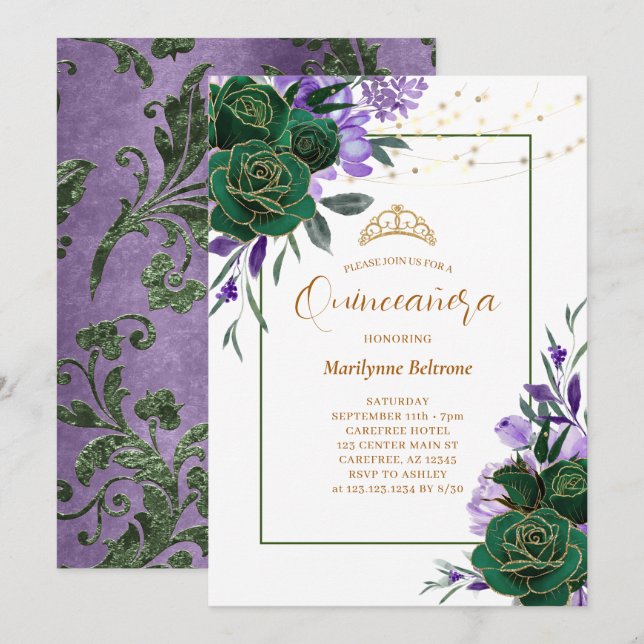 Invitación a la Quinceañera de oro morado floral (Anverso / Reverso)