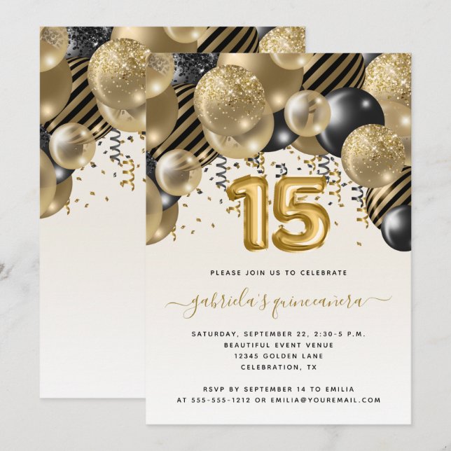 Invitación a la Quinceañera de oro negro para el A (Anverso / Reverso)