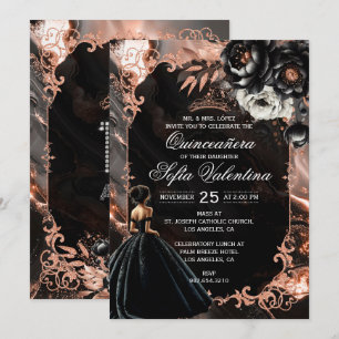 Invitación a la Quinceañera de oro negro y Rosa