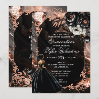 Invitación a la Quinceañera de oro negro y Rosa