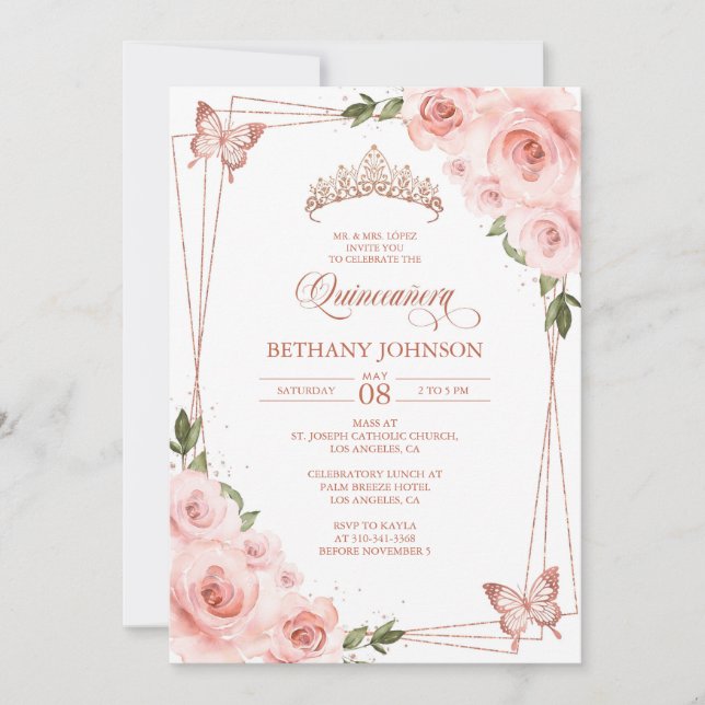 Invitación a la Quinceañera de oro rosa y Rosa (Anverso)