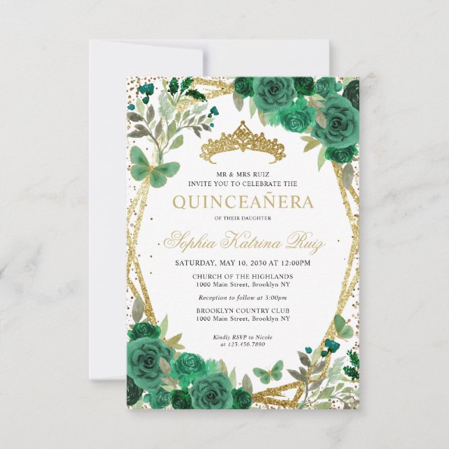 Invitación a la Quinceañera de oro verde floral (Anverso)