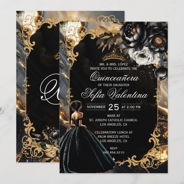 Invitación a la quinceañera de oro y negro (Anverso / Reverso)