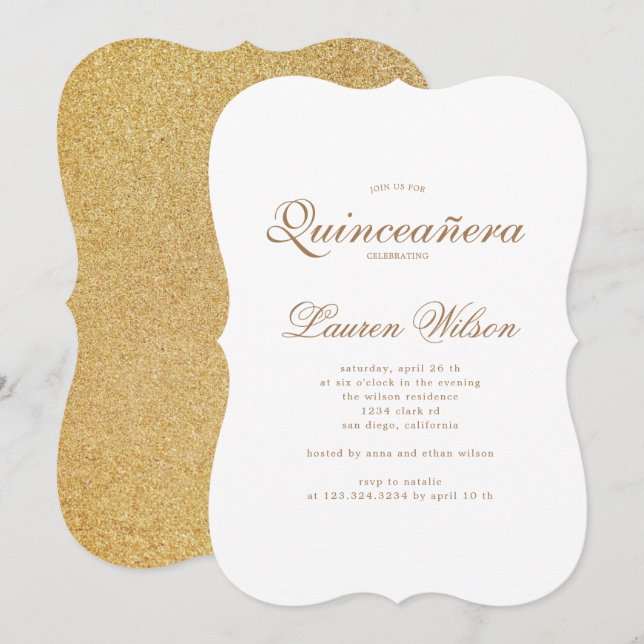 Invitación a la Quinceanera de oro y purpurina (Anverso / Reverso)