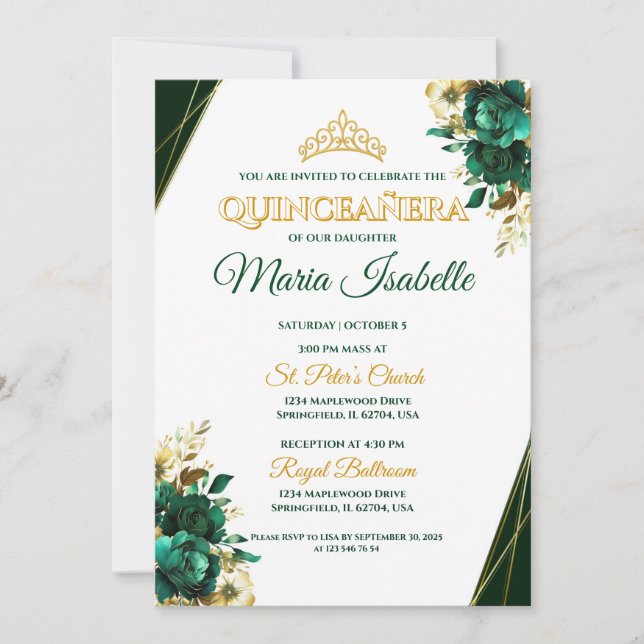 Invitación a la Quinceañera de oro y verde esmeral (Anverso)
