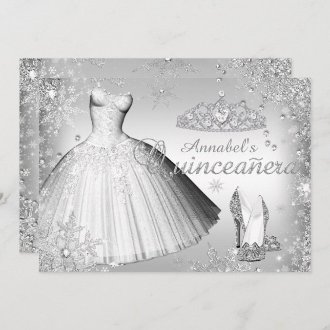 Invitación a la Quinceanera de Plata con Vestido d (Anverso / Reverso)