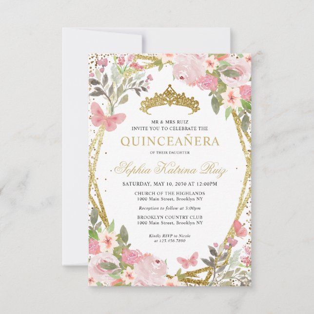 Invitación a la Quinceañera de Rubor Gold con flor (Anverso)