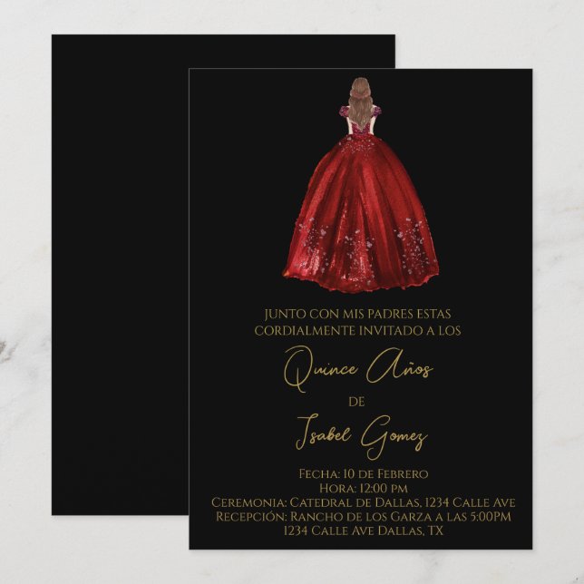 Invitación a la quinceañera de silueta negra (Anverso / Reverso)