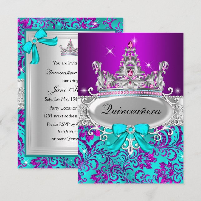 Invitación a la Quinceanera de Tiara Shimmer Verde (Anverso / Reverso)