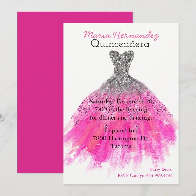 Invitación a la Quinceañera de Vestido de Glam (Anverso / Reverso)