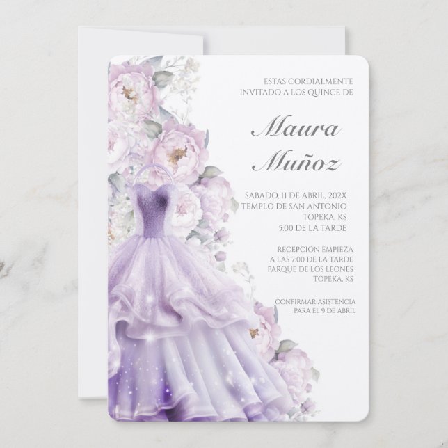Invitación a la quinceañera de vestido púrpura (Anverso)