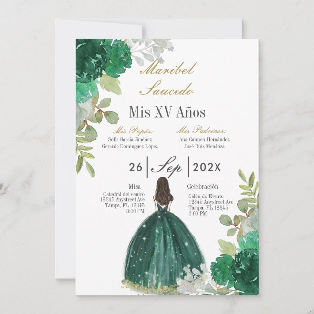 Invitación a la quinceañera de vestido verde (Anverso)