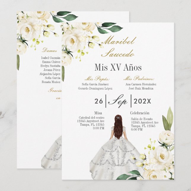 Invitación a la quinceañera de vestir blanco (Anverso / Reverso)