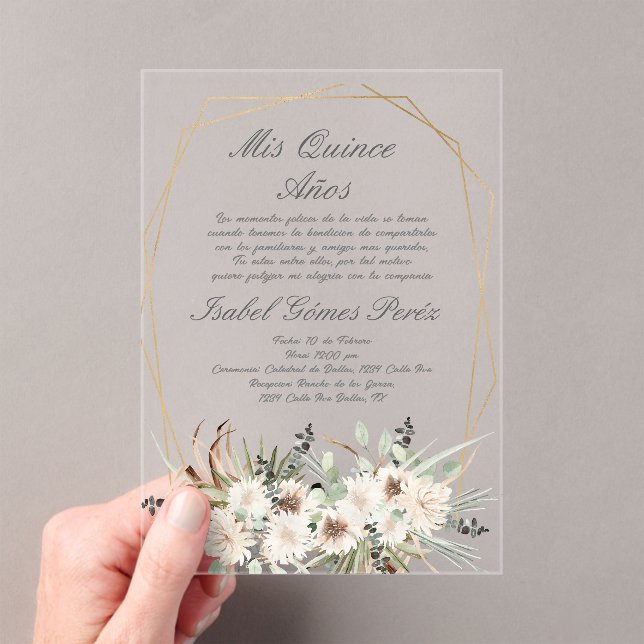 Invitación a la Quinceanera del acrílico floral bo (Insitu (portátil))