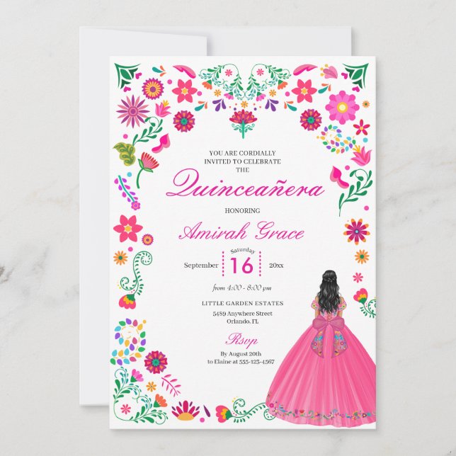 Invitación a la Quinceañera del Bordado Mexicano O (Anverso)