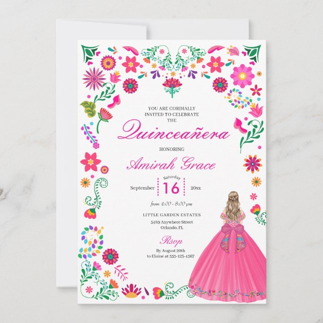 Invitación a la Quinceañera del Bordado Mexicano O (Anverso)