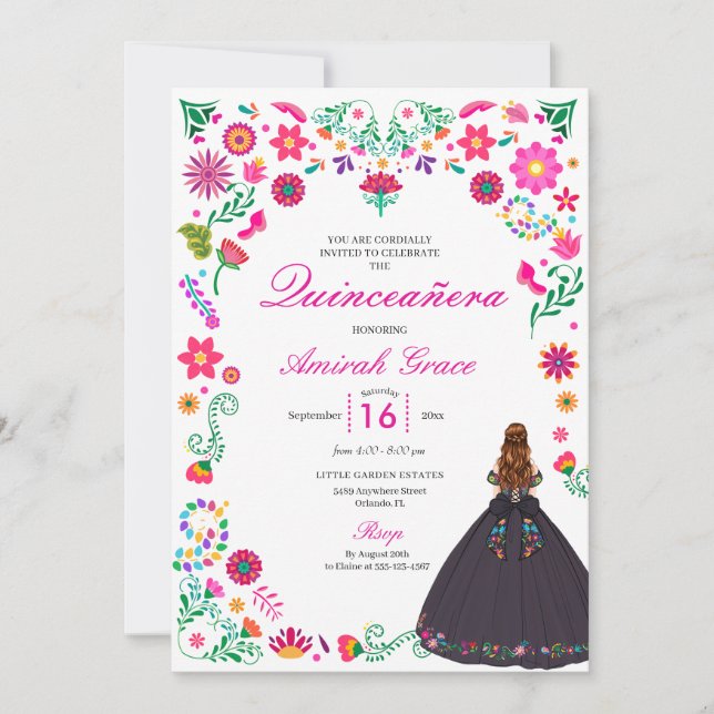Invitación a la Quinceañera del Bordado Mexicano O (Anverso)