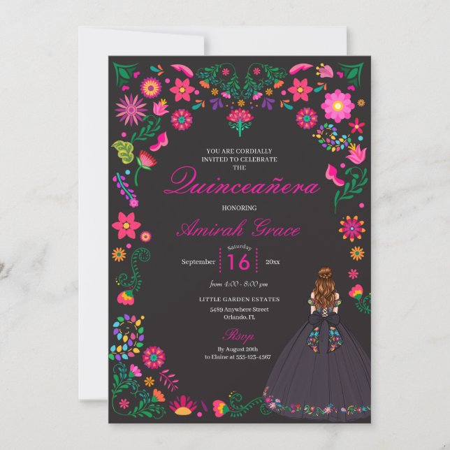 Invitación a la Quinceañera del Bordado Mexicano O (Anverso)